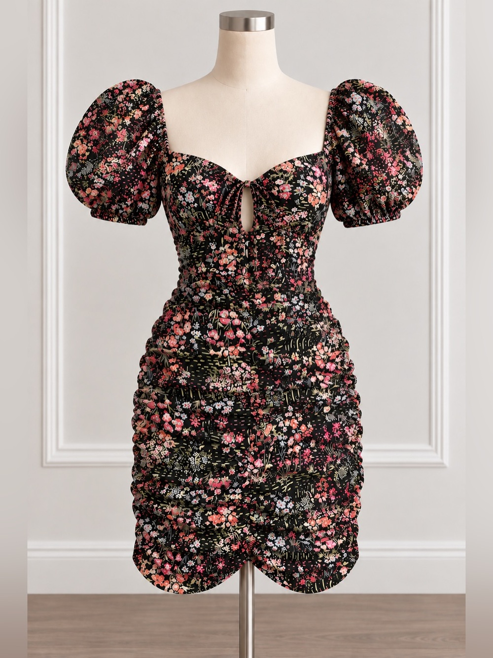 Black Floral Puff-Sleeve Midi Dress - Unknown Brand